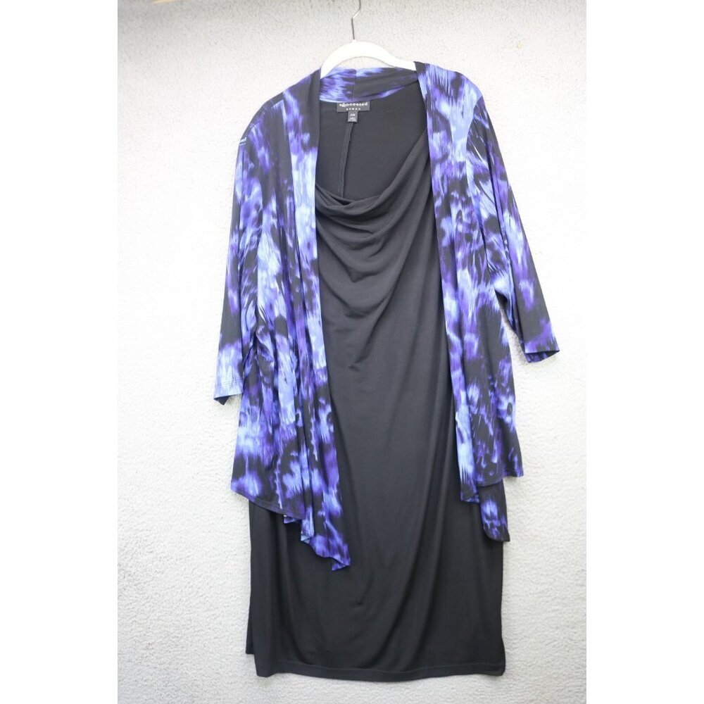 Connected Black Silky Cowl Neck Midi Dress w/Attached Cardigan-Size 20W-Church